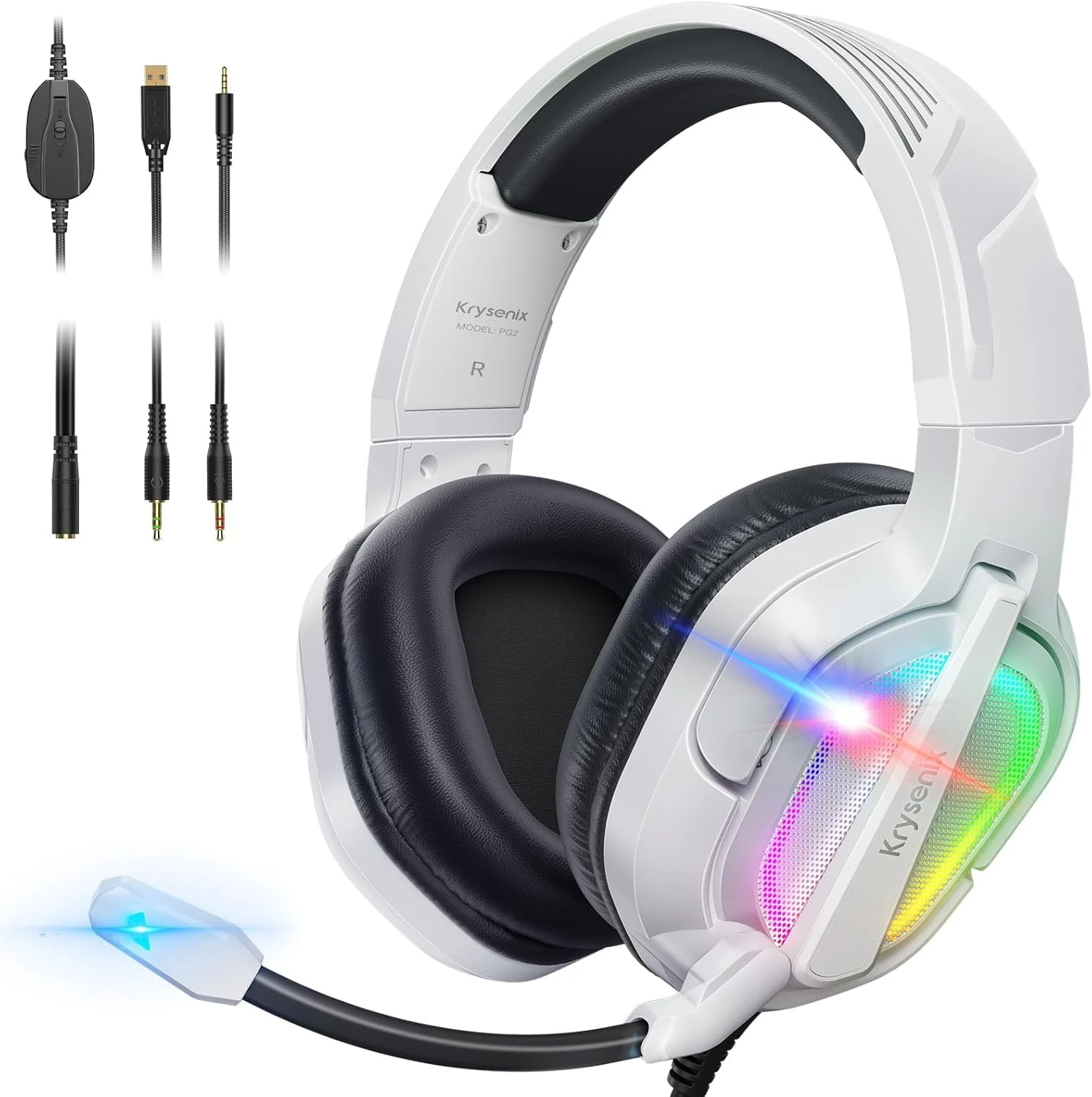 Krysenix PG2 Gaming Headset for PS4, PS5, PC, Xbox One, Switch, Wired Gamer Headphones with AI Stereo Microphone Sound, Ergonomic Design Over Ear Computer Headset with 3.5mm Jack & LED White