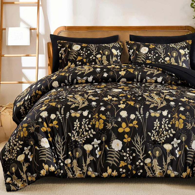 Yiran Queen Comforter Set, 7 Pieces Black Floral Soft Bedding Sets, Queen Bed in a Bag with Brown Botanical Flowers Winter Comforter, Sheets, Pillowcases & Shams