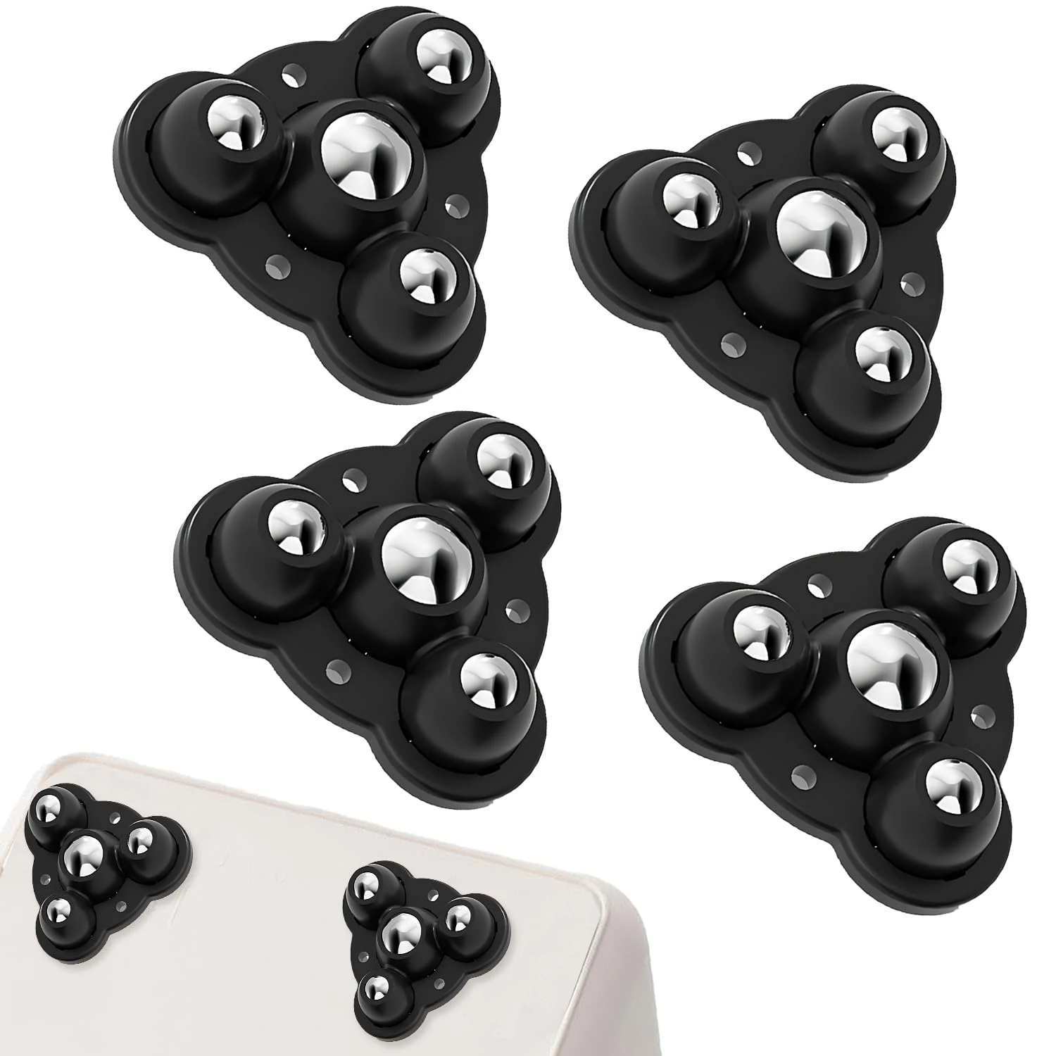 Castors Set of 4 - Self-Adhesive Caster Wheels for Furniture, 150kg Capacity Small Stick on Wheels for Sofa, Cabinet, Wardrobe Moving（Black）
