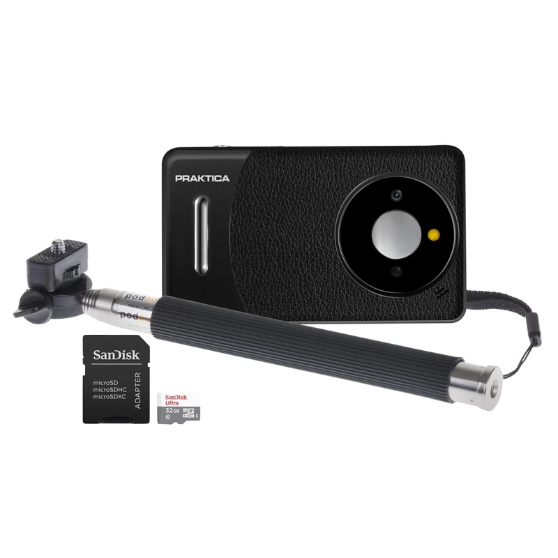 Praktica DZ13 Compact Digital Camera with SanDisk 32GB MicroSD Card & Selfie Stick - 13MP Dual CMOS Sensors, Wide-Angle Lens & 18x Zoom, Full HD Video - Black