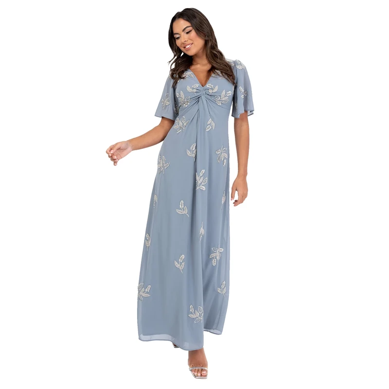 Maya Deluxe Women's Maxi Dress Ladies V-Neck Angel Sleeve Floral Bead Embellished Knot Front A-line Bridesmaid Wedding Guest Prom, Dusty Blue 28