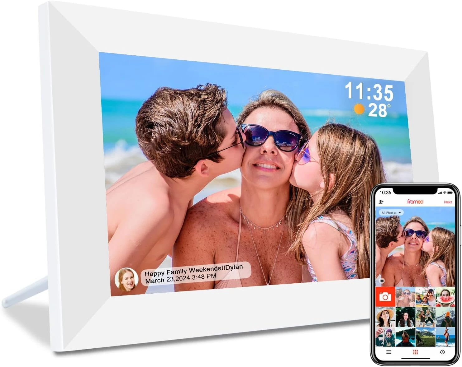 Frameo 10.1 inch Digital Picture Frame, Electronic Photo Frame, Smart WiFi Digital Photo Frame, 32GB Storage SD Card Slot, 1280x800 IPS Display, Auto-Rotate Wall Mountable, Share Photos/Videos(White)