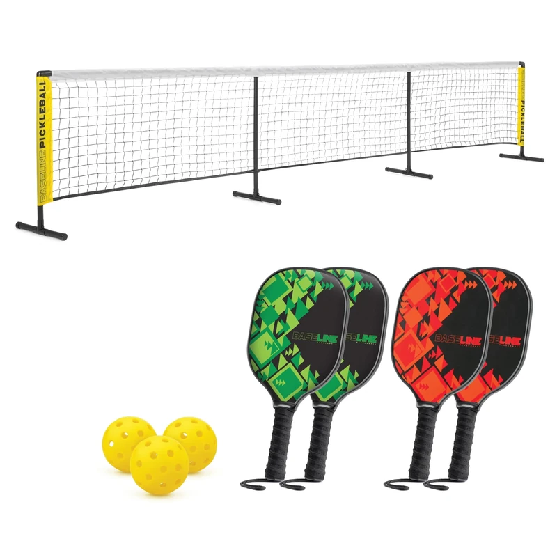 Baseline Pickleball 4 Player Set, FSC Wooden Paddle Bats with Net and Balls, Outdoor and Indoor Family Game for Kids and Adults