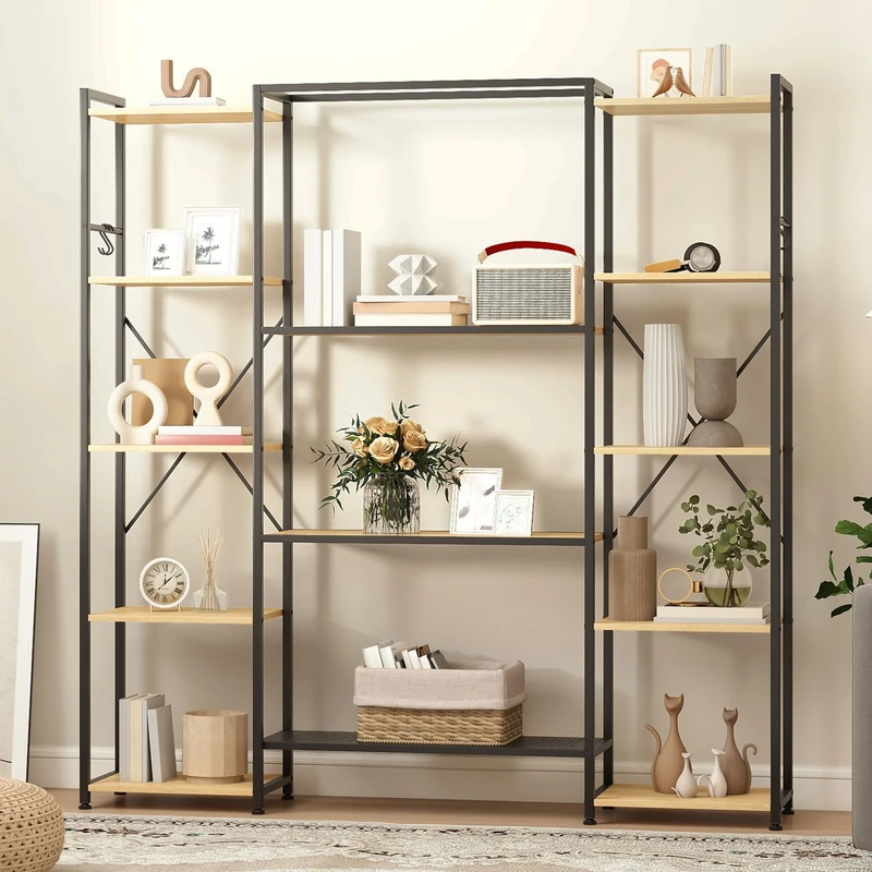 DWVO Industrial Standing Bookcase, Wooden Standing Shelf and Metal Frame, Display Shelf for Living Room with 13 Shelves, Home Office, Oak Color