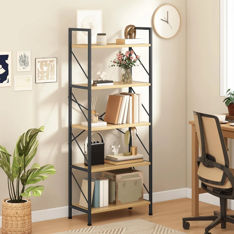 DWVO 5 Tiers Book Shelf, Wood and Metal Bookcase Storage Organizer, Industrial Bookshelf Tall Shelving Unit Display Rack for Living Room Kitchen Bedroom, Black Book Rack