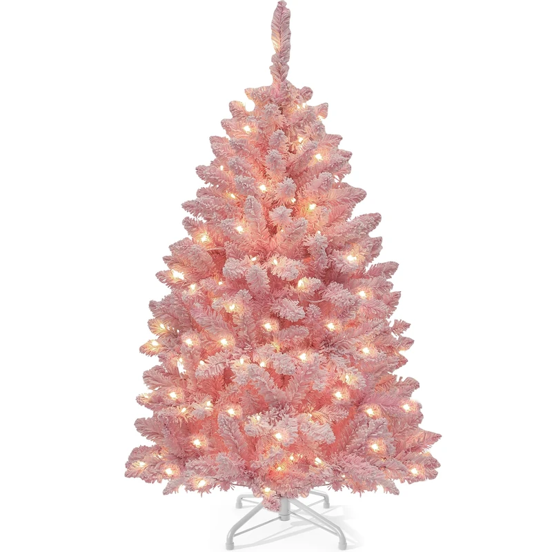 YITAHOME137cm Prelit Pink Flocked Spruce Artificial Christmas Tree, Pre-Lit Pink Christmas Tree with 400 PVC Tips and 200 Warm-White Lights for Home, Office Decoration