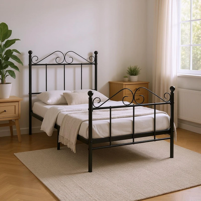 FurnitureR Black Metal Bed Frame – Durable and Sturdy Platform Bed for Adults, Single Size, No Box Spring Required, Easy Assembly