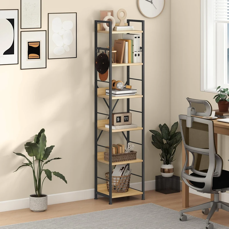DWVO Book Shelf 6 Tiers, Tall Bookcase with Steel Frame Industrial Bookshelf with 4 Hooks Floorstanding Shelving Unit Narrow Display Rack Storage Organizer for Living Room Bedroom, Oak Color