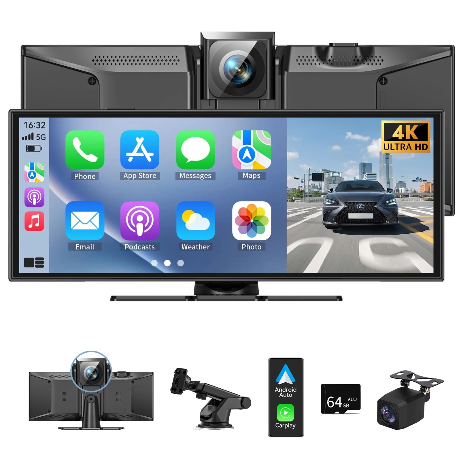 11.5" Carplay Screen for Car, Car Tablet Pro Max 2025 Car Stereo with 4K Front and 1080P Rear Camera, Car Play Screen Wireless CarPlay Android Auto Mirror Link AUX FM Bluetooth 64G SD