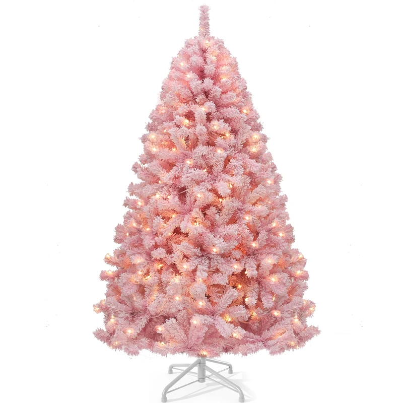 YITAHOME182cm Prelit Pink Flocked Spruce Artificial Christmas Tree, Pre-Lit Pink Christmas Tree with 928 PVC Tips and 250 Warm-White Lights for Home, Office Decoration