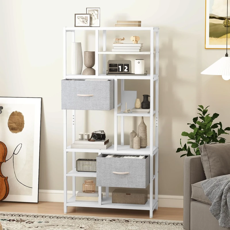 DWVO Bookcase 7 Tier Bookshelf with TWO Drawers Floor Standing Book Shelf Industrial Shelving Unit Storage Rack for Living Room, Office, Study, Hallway, 73cm Wide 151cm White