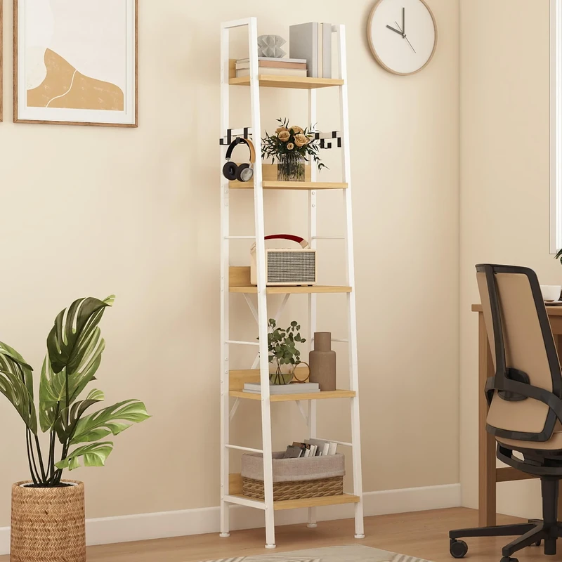 DWVO Narrow Tall Bookcase 5 Tiers, Industrial Ladder Shelf Bookshelf Wooden Shelves and Metal Slim Thin Book Rack Modern Shelving Unit for Living Room, Hallway, Office, White and Oak