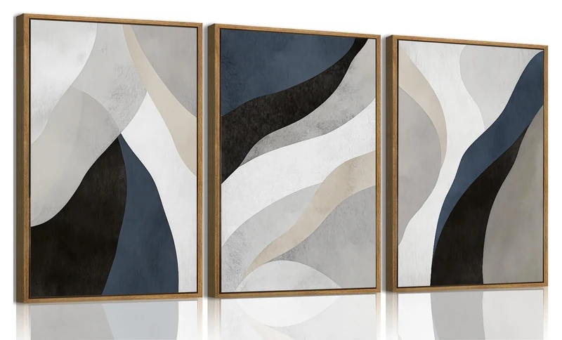 KISSFOX 3 Piece Framed Wall Art Abstract Wall Decor Black Navy Blue Pictures Modern Minimalist Canvas Art Large Neutral Paintings Artwork for Living Room Bedroom Office