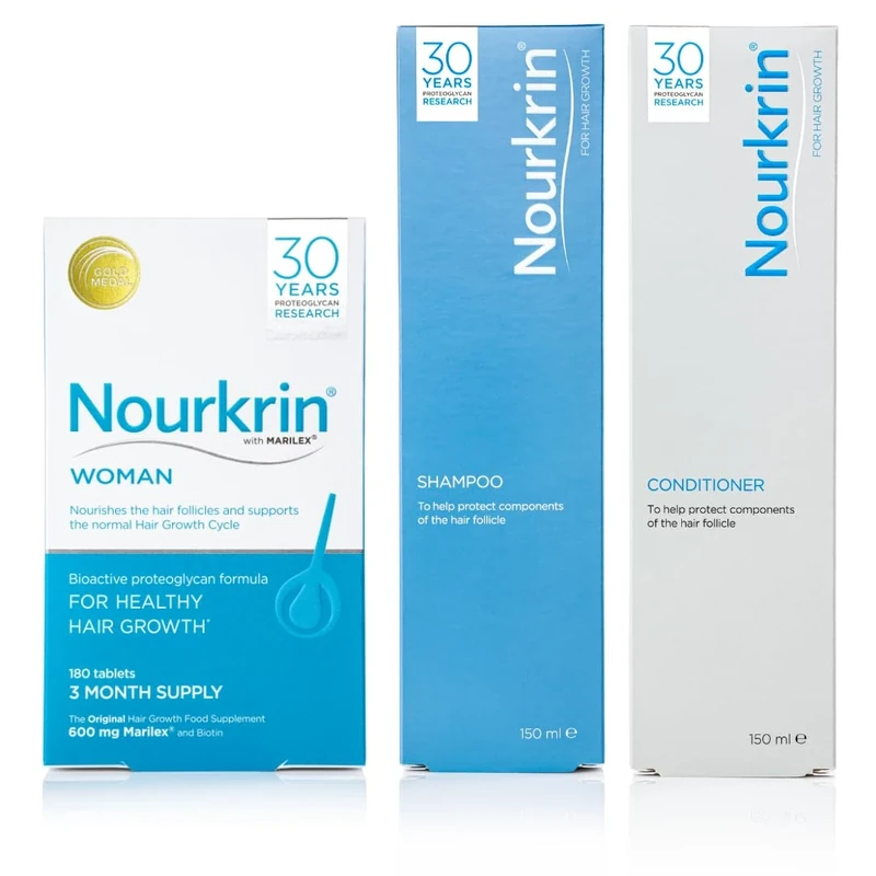 Nourkrin Woman for Hair Growth Food Supplement with Marilex, Biotin & Zinc, 180 Tablets, Shampoo & Conditioner Bundle