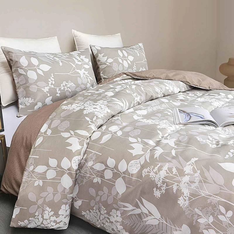 Faincy Queen Size Comforter Set, Tan Floral Tree Leaf Pattern Printed Reversible Alternative Bed Sets - Soft Microfiber Taupe Flower Vintage Farmhouse Bedding in a Bag for Women Men, Khaki 90x90 3PCs