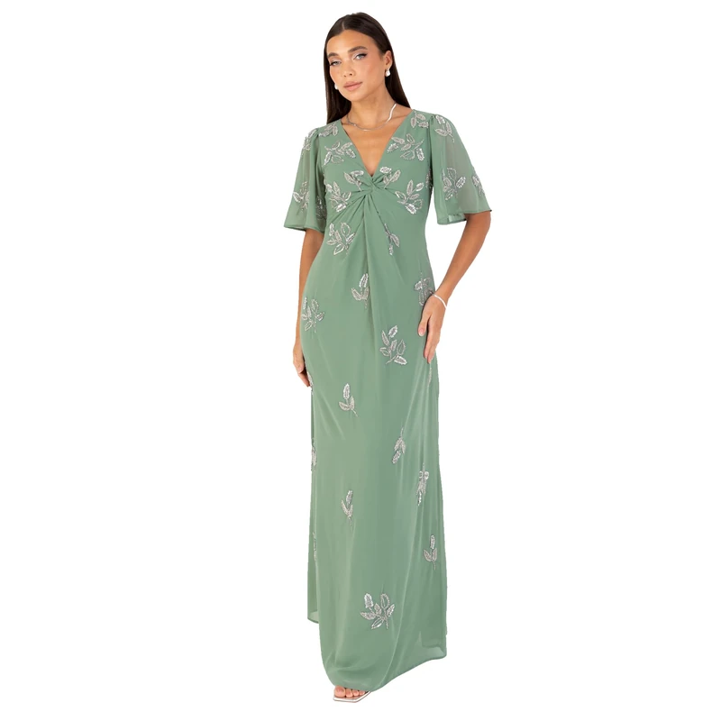Maya Deluxe Women's Maxi Dress Ladies V-Neck Angel Sleeve Floral Bead Embellished Knot Front A-line Bridesmaid Wedding Guest Prom, Deep Mint Green 26