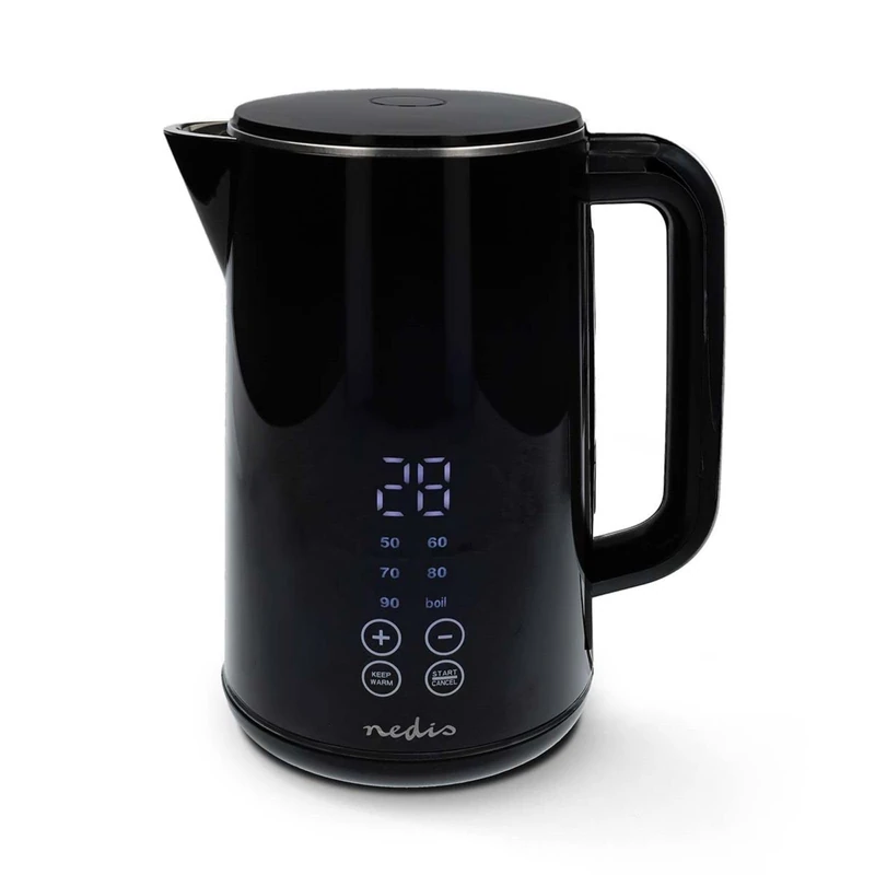 Nedis Electric Kettle, 1.7L Digital Control, 6 Temperature Settings 50-100°C, Keep Warm Function, 2200W Fast Boil, 360° Cordless Base, Concealed Element, Boil-Dry Protection - Black