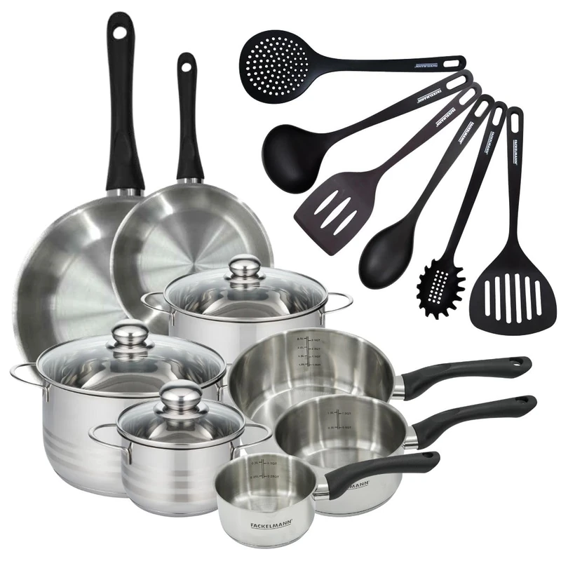 Fackelmann 9358050 2 Frying Pans 20 28 cm 3 Saucepans 12 16 20 cm Stainless Steel 18/8 3 Stewpan 16 20 24 cm, 6 Utensils, Induction Pan, PFAS-Free, Stainless Steel, Glass, RPET, 12 16 20 24 11.0 cm