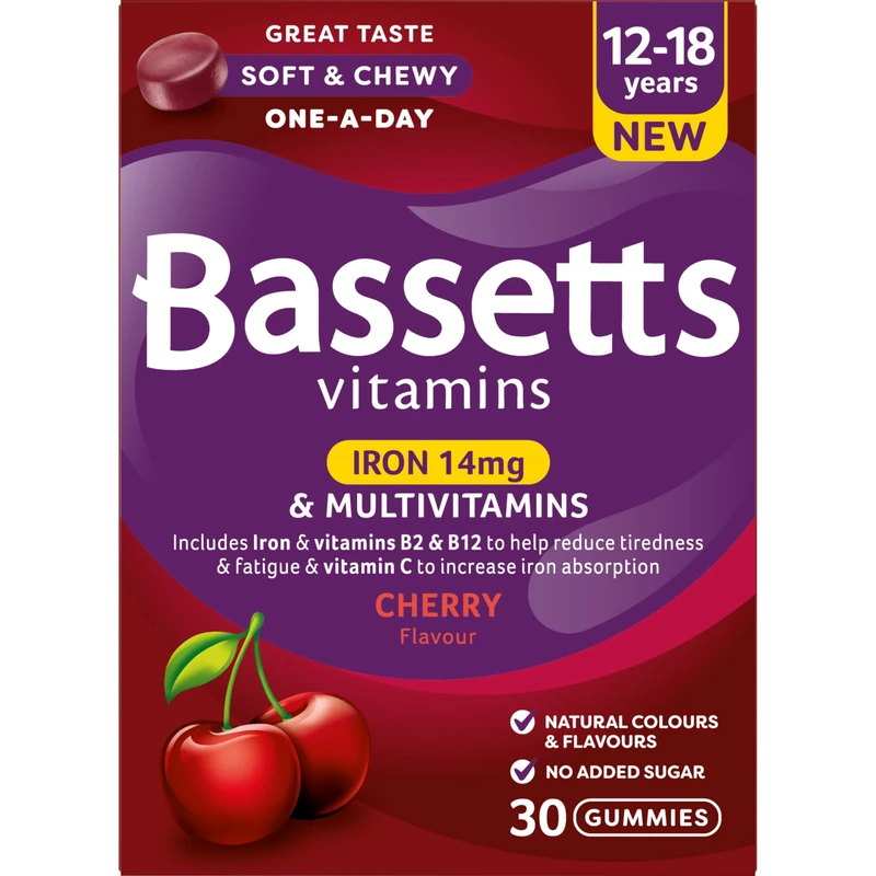 Bassetts Vitamins 12-18 Years Iron 14mg & Multivitamins Cherry Flavour 30 Gummies
