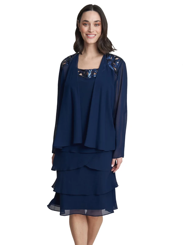 Gina Bacconi Embellished Tiered Sequin Jacket Dress, Spring Navy, 12
