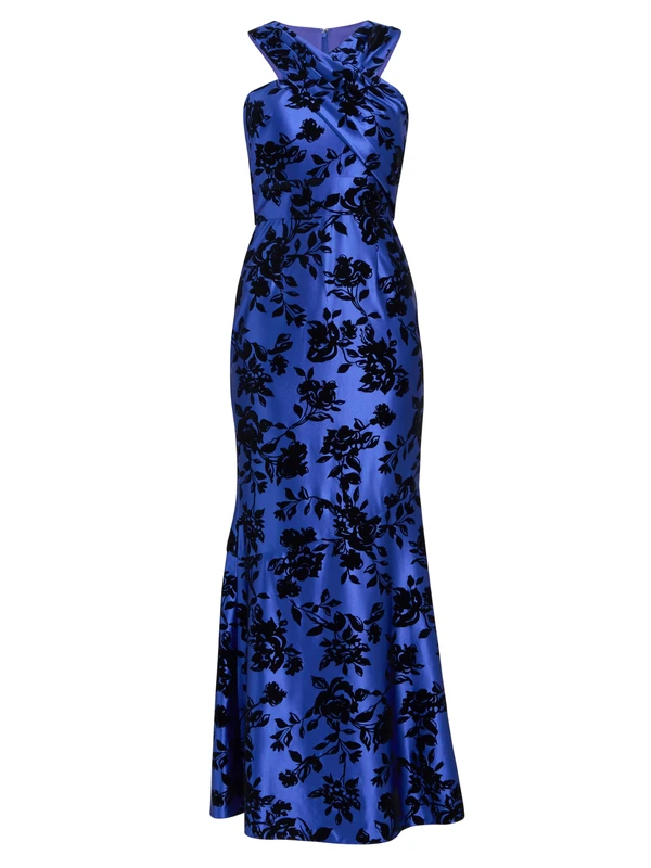Gina Bacconi Women's Sleeveless Floral Maxi Dress Cocktail, Royal/Black, 22