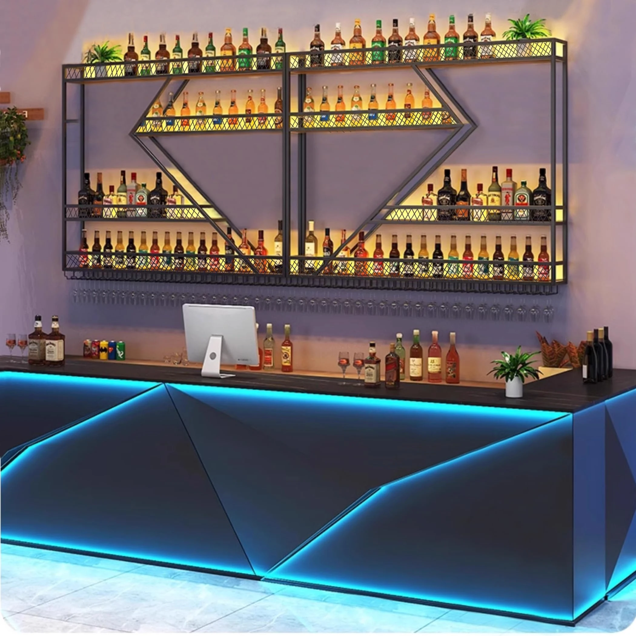 2M Wall Mounted Wine Rack with LED Lighting Glass Holder, Liquor Bottles Shelves Display Storage Organizer Hanging Long Stemware Goblet Metal for Home Mini Bar Cellar Black