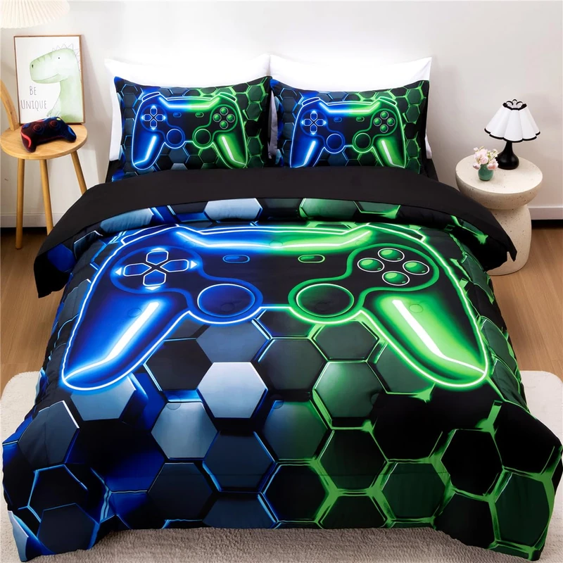NTBED 3D Gaming Comforter Set for Boys Kids Teens,5pcs Gamer Bedding Sets with Sheet,Game Console Bed in a Bag(Blue Green, Queen)