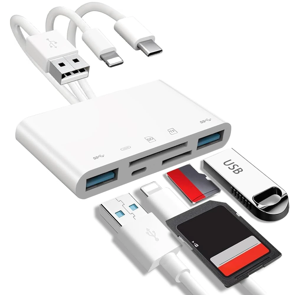 5-in-2 Memory Card Reader, SD Card Reader & USB OTG Adapter for iPhone/iPad/Android, Camera to iPhone Adapter, USB C and A Devices with Micro SD & SD Card Slots, Supports SD/SDHC/SDXC/MMC/TF Cards