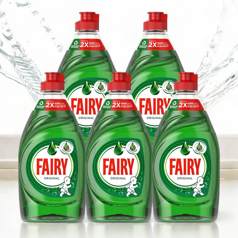 5 x Fairy Original Washing Up Liquid 320ml Bottles Powerful Grease-Cutting Dishwashing Liquid Concentrated Formula Long-Lasting Fresh Scent Gentle on Hands Kitchen Cleaning Essential