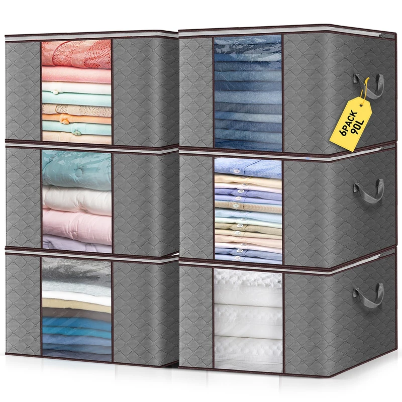 Lychico 90L Storage Bags 6 Pack with Clear Window - Large Moving Boxes & Storage Organisers for Clothes, Bedding, Seasonal Storage, Reinforced Handles & Seams (60x40x35cm) - Image 1