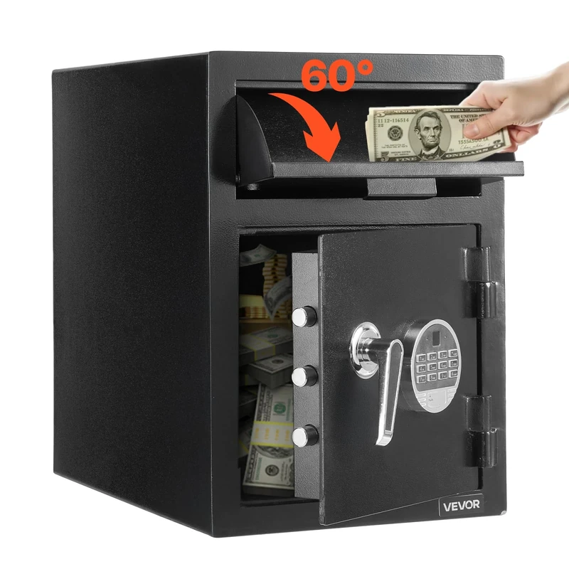 VEVOR 1.2 Cubic Feet Drop Safe, Large Capacity Front Drop Slot Safe Box with Digital Keypad, Heavy Duty 2 Tiers Cash Depository Box with Spare Keys for Cash, Bank Slip, Jewelry, Document, Bill, Black