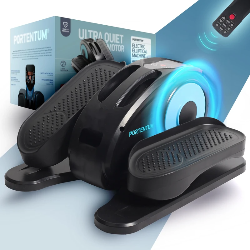 PORTENTUM Mini under desk elliptical electric with remote control and display – Pedal exerciser for seniors automatic and manual with speed selector and reverse – Compact trainer with quiet motor