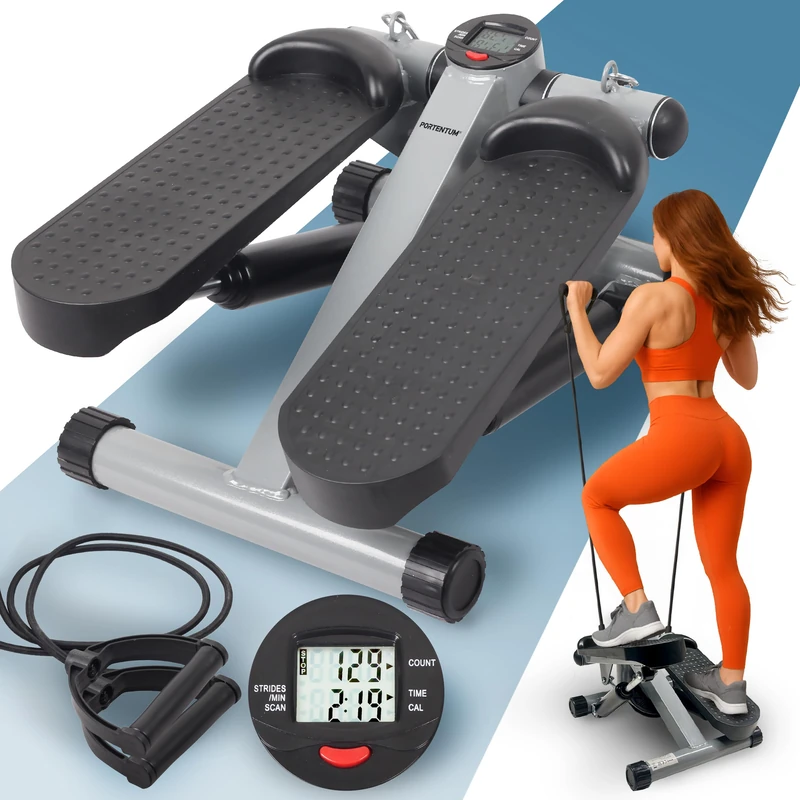 PORTENTUM Mini steppers for exercise workout with resistance bands and LCD display 5 functions — Stepper 3-in-1 for legs, glutes and arms — Adjustable intensity — Easy to store home workout equipment