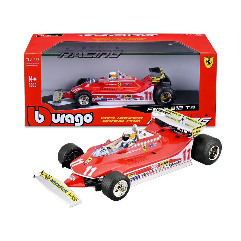 Bburago - Ferrari 312 T4 Short Tail Monaco GP Winner 1979#11 Jody Scheckter, 1:18 Scale Model Car, Historic Replica with Driver and Monaco Livery, Ferrari Licence, Recommended Age 14+