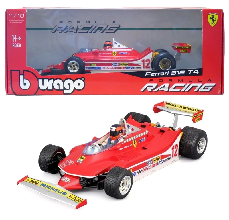Bburago - Ferrari 312 T4 GP South Africa Winner 1979#12 Gilles Villeneuve, 1:18 Scale Model Car, Historic Replica with Driver, Detailed Features, Ferrari Licence, Recommended Age 14+ Years