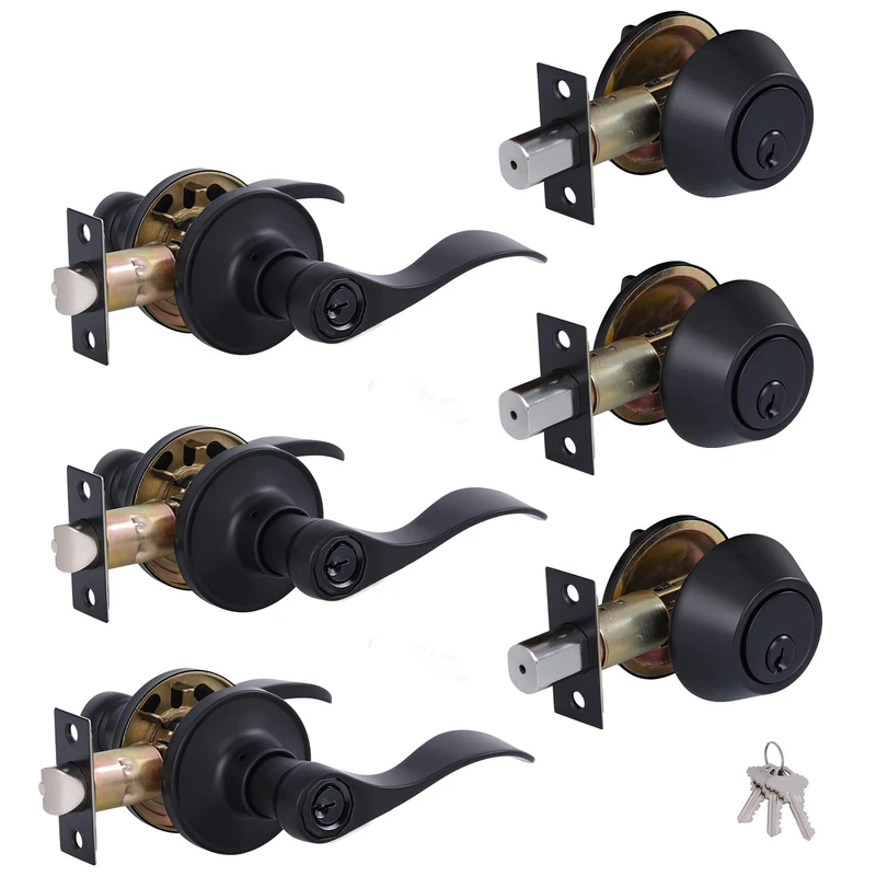 (3 Pack) Keyed Alike Front Door Lever Lockset with Single Cylinder Deadbolt Combination Set, Wave Style Lever, Front Door/Exterior Door Knob with Lock and Deadbolt, Classic Matte Black Finished
