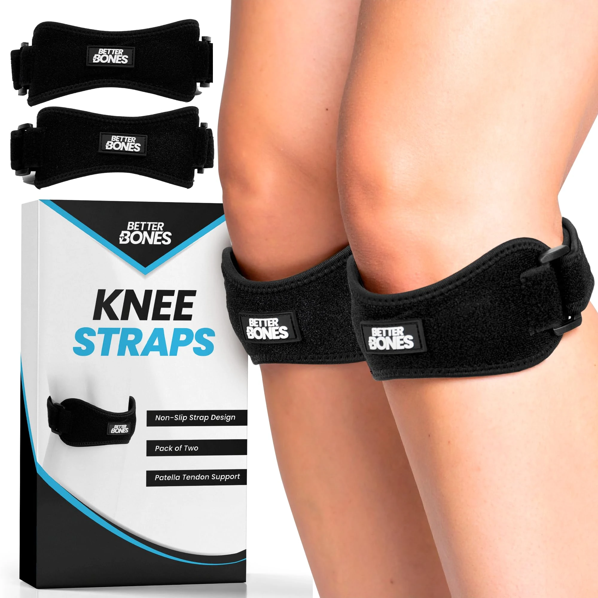 Better Bones Patella Knee Straps Pack of 2 – Adjustable Support Brace for Running Jumpers Knee Tendon Pain Relief and Sports Training, Black