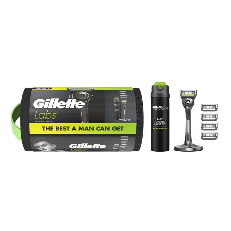 Gillette Labs With Exfoliating Bar Razor, 1 Handle, 5 Blades, Includes Premium Magnetic Stand, Gillette Labs Shave Gel, Washbag Gift set