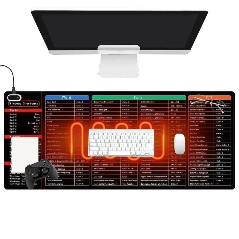XPJBKC Heated Mouse Mat, 80 x 33 cm Excel Shortcuts Mouse Mat with Heated, Office Decor-Mouse Pad with Digital Display & 5 Heating Levels & 4 Hours Auto Shut-Off for PC Keyboard Laptop Office and Home
