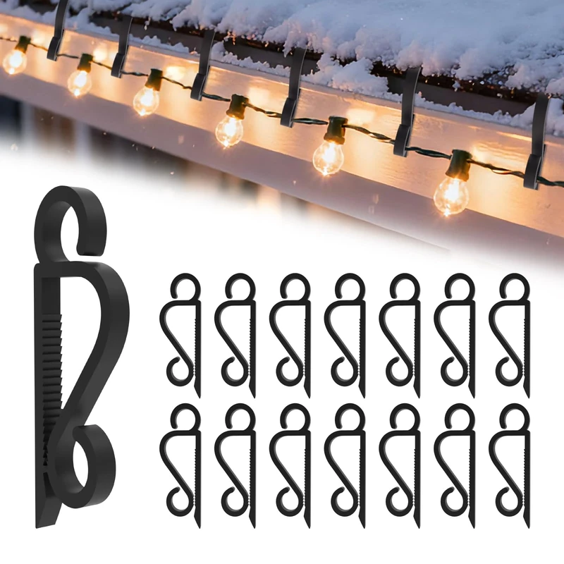 cshare Gutter Hooks for Outdoor Lights, 60 Pcs Double Holder Gutter Clips for Roof Windows Hanging Outside String Lights, Icicle Fairy Light, Christmas Tree Decorations-Black