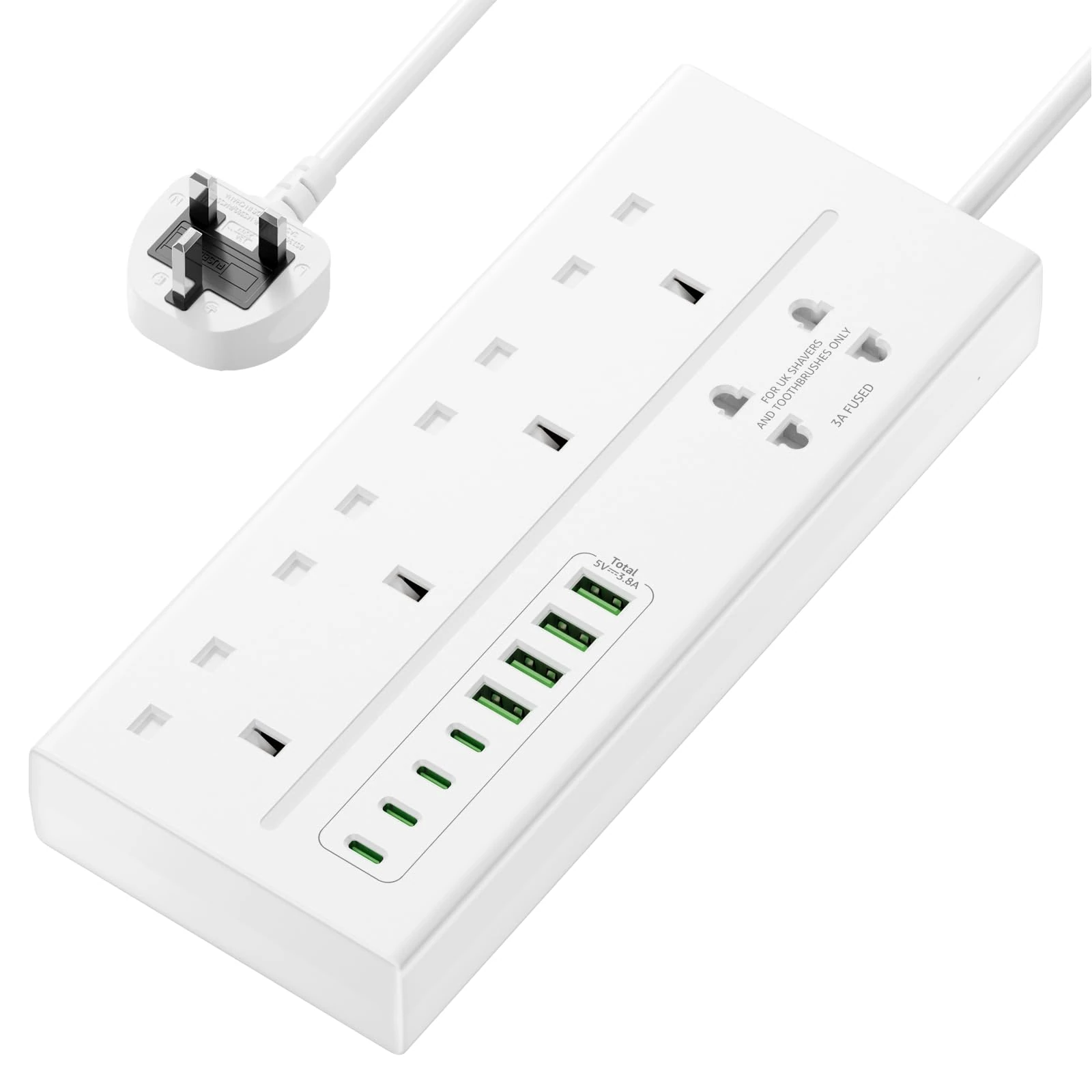 4 Way Extension Lead with USB Slots, VoltFlow 4 Gang Multi Plug Extension Socket with 8 USB Ports, 1.8M Extension Cable with Switch 13A 3250W Multi Plug Adapter for Home, Kitchen, Office
