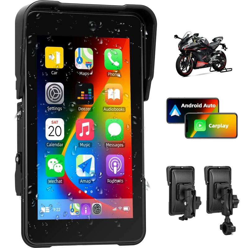 SIXTOP Removable Motorcycle Carplay Screen, Wireless CarPlay & Android Auto for Moto Motorbike, 5" Waterproof Vertical Touchscreen Car Radio with Bluetooth Trans, Voice Control, Car Play Stereo