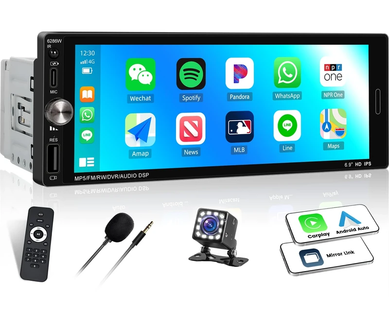 OiLiehu Single Din Car Stereo with Wireless CarPlay Android Auto, 6.9" Car Radio with Touchscreen, 1 Din MP5 Multimedia Player with Mirror Link, Bluetooth, FM, USB, Type-C, EQ, SWC, Backup Camera
