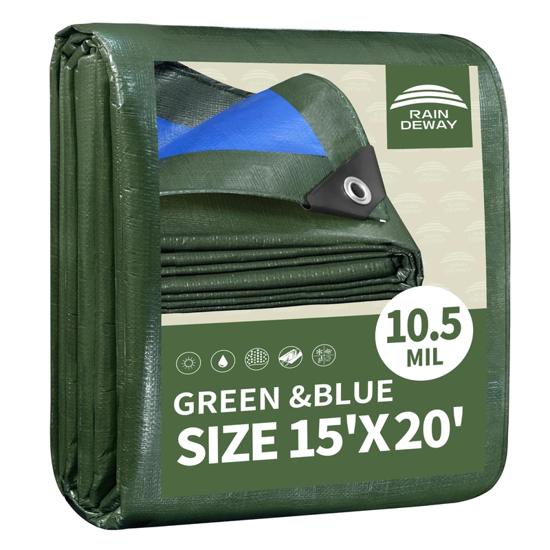 RAINDEWAY Tarps Heavy Duty Waterproof 15x20 Feet,10.5 Mil Waterproof Tarps for Outdoors,Multipurpose Poly Tarp Cover with Metal Grommets and Reinforced Edges,Green/Blue