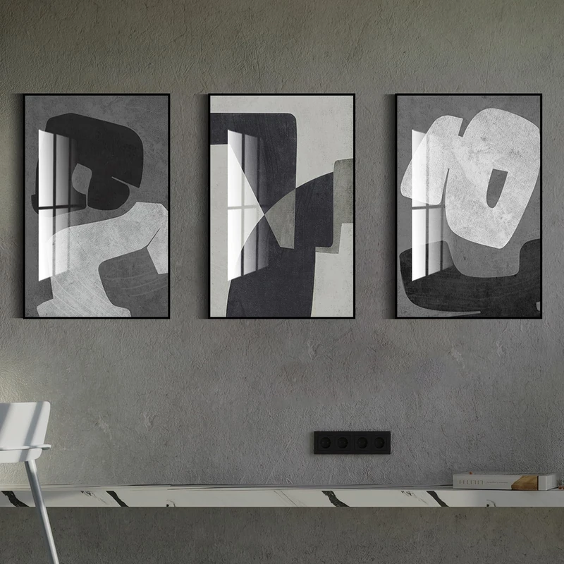 QKF framed bright geometric abstract wall art, black, white, and gray modern minimalist art pieces, applied to home living rooms, bedrooms, bathrooms, and office wall decoration poster prints 16X24