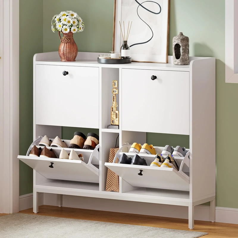 YITAHOME 4 Drawer Shoe Storage Cabinet, Space Saving Shoe Cabinet with 2 Open Shelf, Adjustable and Removable Divider for 16-24 Pairs of Shoes for Hallways and Living Room, White