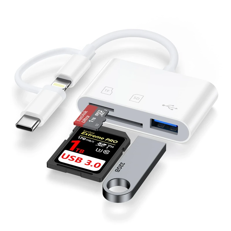 SD Card Reader for iPhone iPad, 3-in-2 Lightning & USB C SD Card Reader with Micro SD & SD Dual Slot and USB Port, Camera Card Viewer Photography Memory Card Adapter for iPhone 17/16/15/14/13,Samsung - Image 1