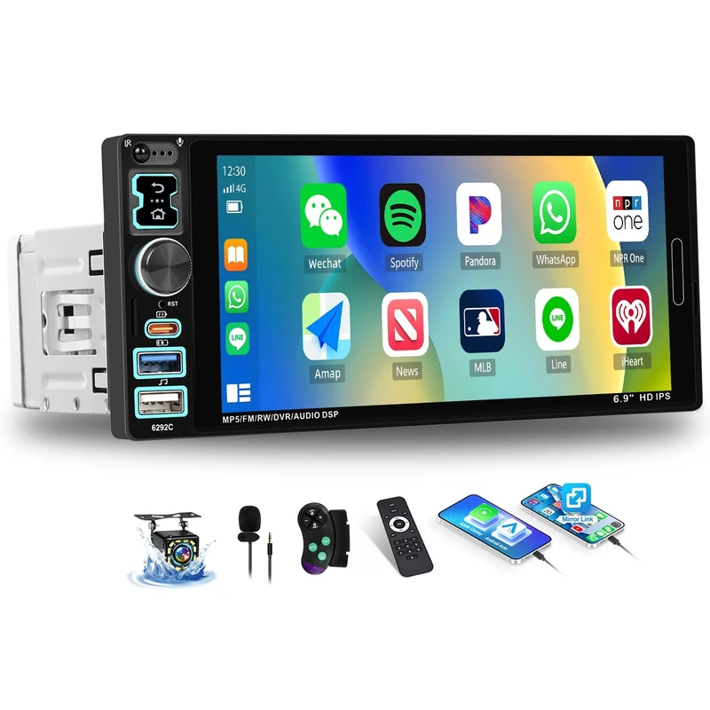 OiLiehu Single Din Car Stereo with Wired CarPlay Android Auto, 6.9" Car Radio 1 Din with Touchscreen, MP5 Multimedia Player with Mirror Link, Bluetooth, FM, USB, Type-C, EQ, SWC, Backup Camera
