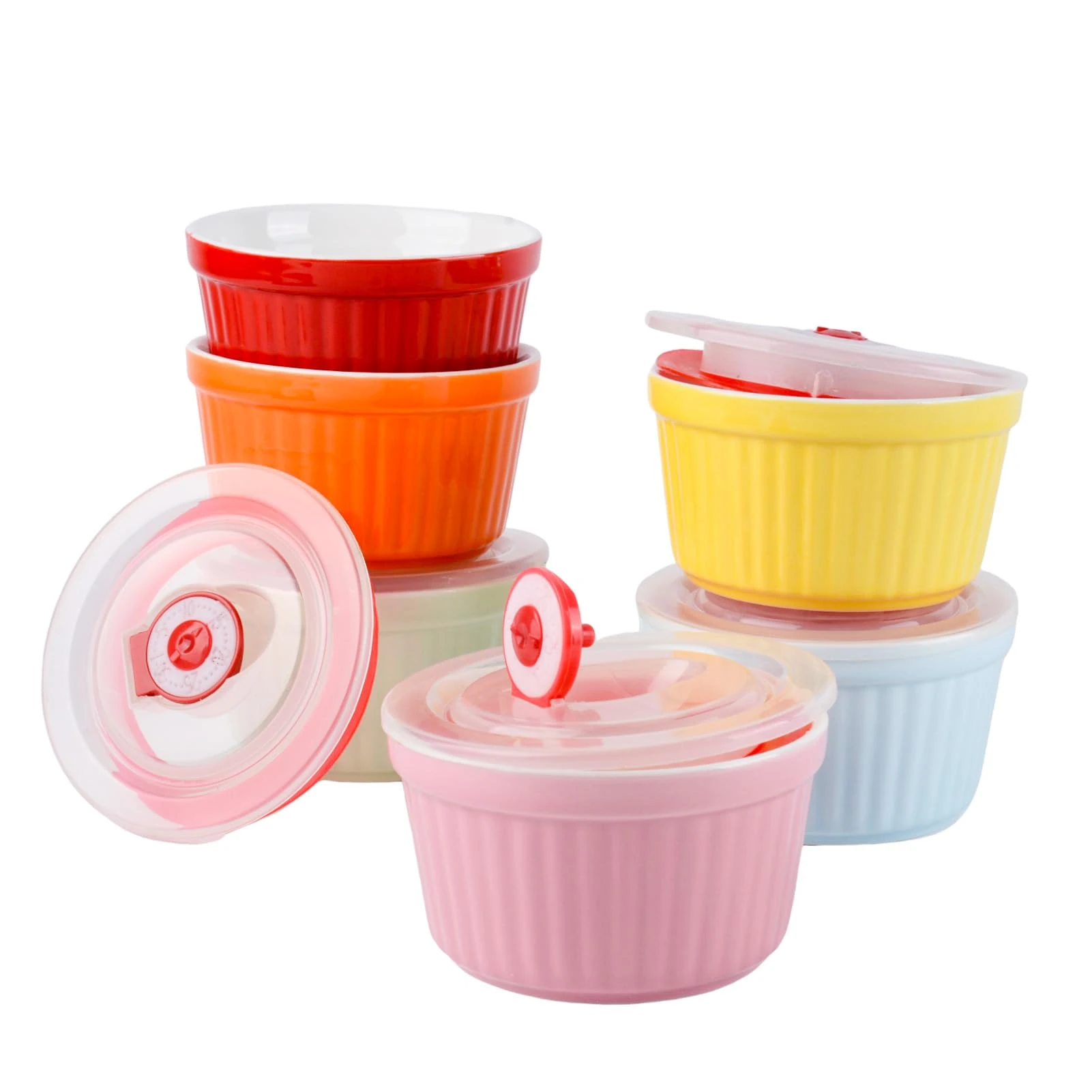 6 oz Ramekins with Covers, Souffle Dishes Set of 6, 9cm White Porcelain Creme Brulee Ramekins, Baking Cups for Pudding, Fruits, Dips, Dishwasher and Oven Safe (Multicolored)