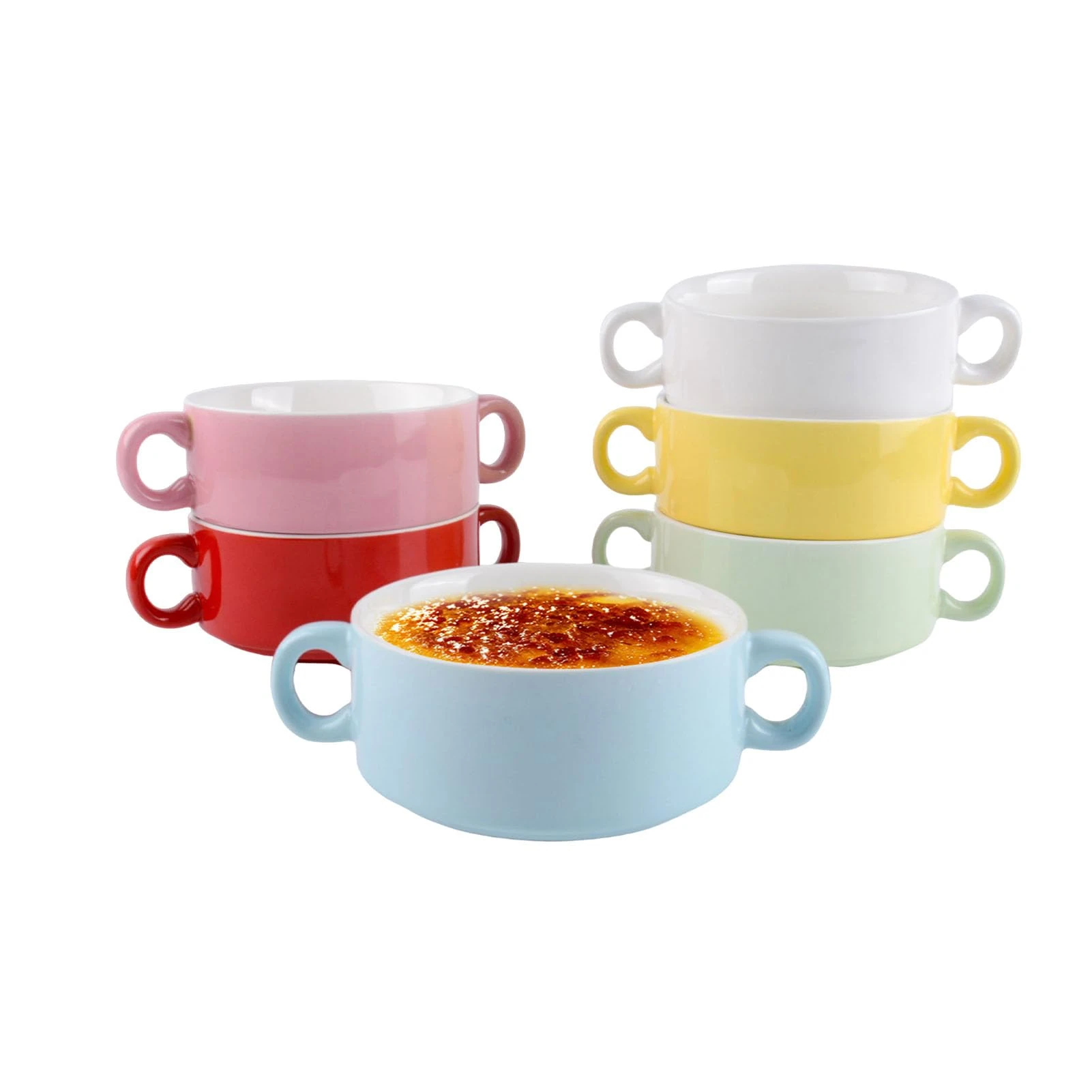 Porcelain Ramekins Set of 6, 15.5 x 10.5 x 5.5cm Ramekins for Baking, Rotundity Creme Brulee Dish with Double Handle (Multicolored)